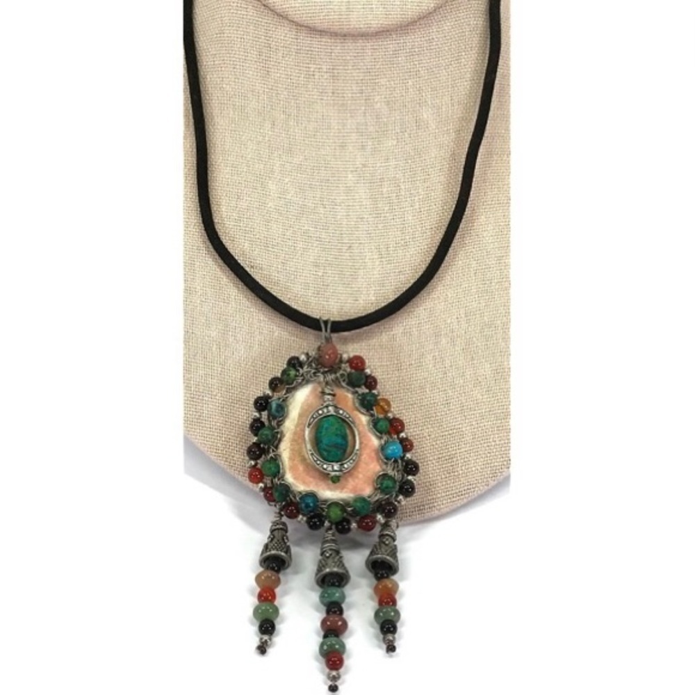 Vintage artsy boho stones metal & glass pendant‎ necklace